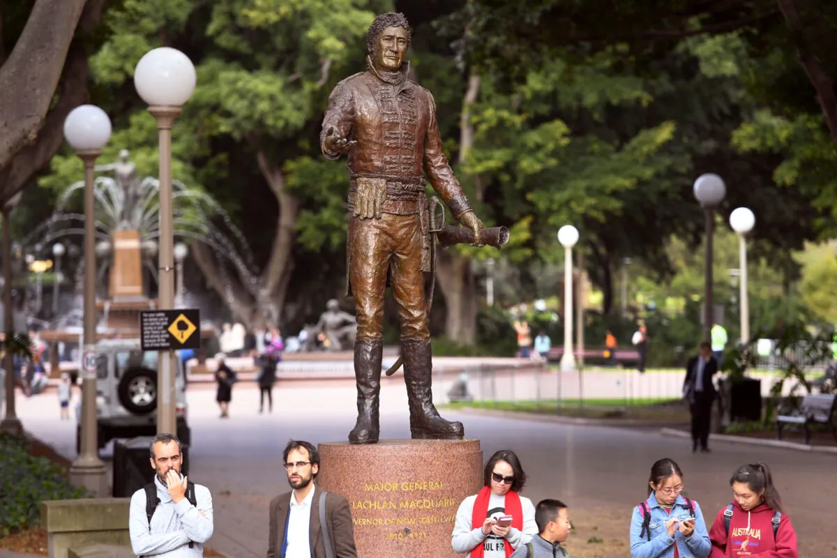 A statue of Major General Lachlan Macquarie stands in Sydney's Hyde Park on August 29, 2017. (William West/AFP via Getty Images)