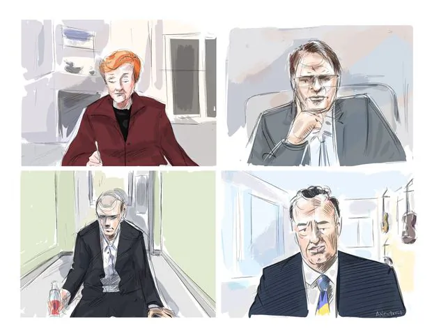 Justice Anne Molloy, from top (L), John Rinaldi, Dr. Scott Woodside and accused Alek Minsassian are shown during a murder trial conducted via Zoom videoconference in this courtroom sketch on Friday, Dec. 11, 2020. (The Canadian Press/Alexandra Newbould)