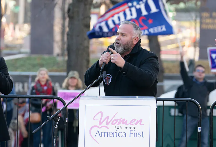 Pastor Brian Gibson speaks about protecting First Amendment rights at Freedom Plaza in Washington on Dec. 12, 2020. (Leo Shi/The Epoch Times)