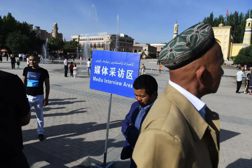 A "media interview area" near the Idkah mosque in northwestern China's Xinjiang region, on June 5, 2019. (Greg Baker/AFP via Getty Images)