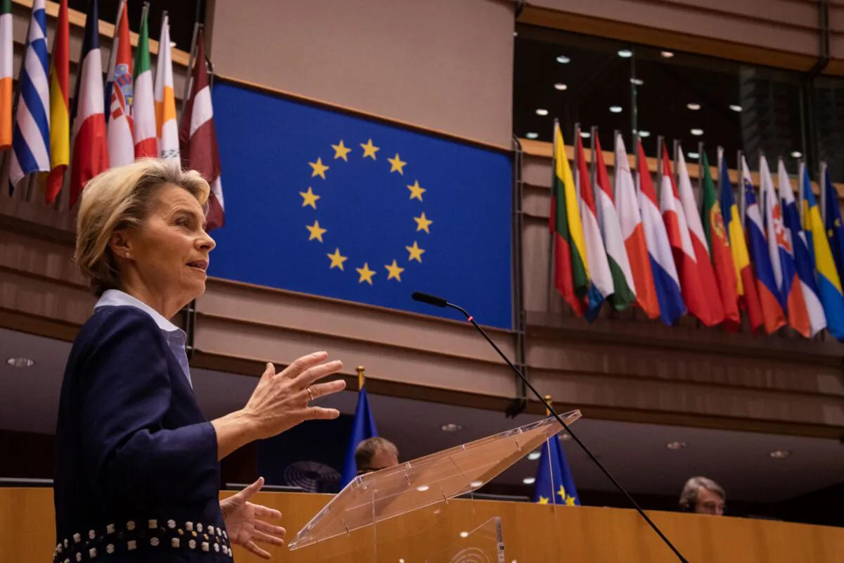 European Commission President Ursula von der Leyen delivers a speech at European Parliament, in Brussels, on Dec. 16, 2020. (John Thys/Pool/AFP via Getty Images)