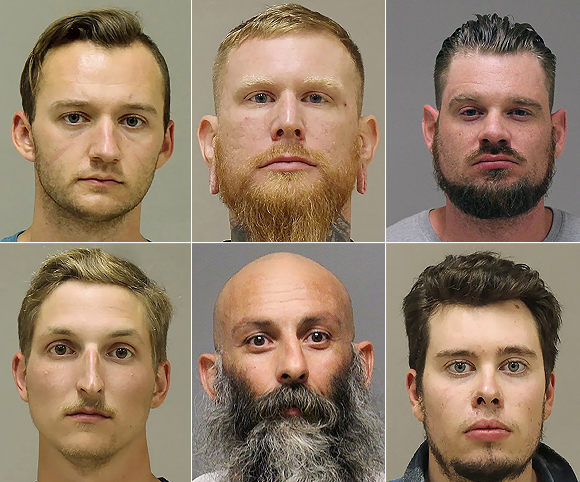A federal grand jury has charged six men with conspiring to kidnap Michigan Gov. Gretchen Whitmer: Top row (L) Kaleb Franks, (C) Brandon Caserta, (R) Adam Dean Fox, and bottom row (L) Daniel Harris, (C) Barry Croft, and (R) Ty Garbin, in an indictment released Dec. 17, 2020. (Kent County Sheriff via AP File)