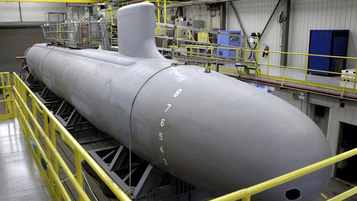 The world's largest unmanned submarine, the 111 foot LSV 2 "Cutthroat," being housed at the Naval Surface Warfare Center Carderock Division, Acoustic Research Detachment, in Bayview, Idaho, on Aug. 24, 2005. (Jeff T. Green/Getty Images)