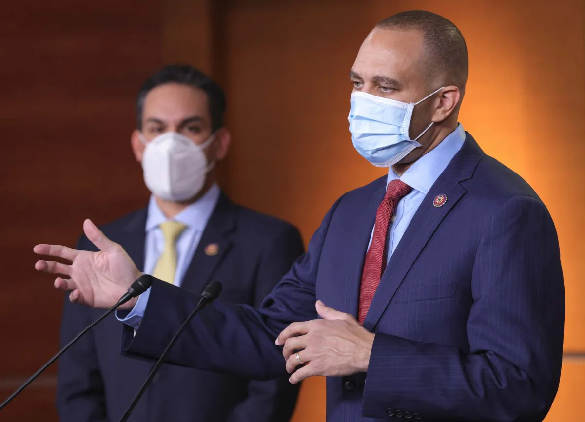 Chairman of the Democratic Caucus Rep. Hakeem Jeffries (R) (D-N.Y.) and vice chair-elect of the Democratic Caucus Rep. Pete Aguilar (L) (D-Calif.) speak at a press conference in Washington on Dec. 8, 2020. (Win McNamee/Getty Images)