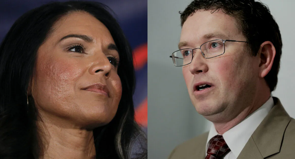 Reps. Tulsi Gabbard (D-Hawaii) (L) and Thomas Massie (R-Ky.) in file photographs. (Getty Images)