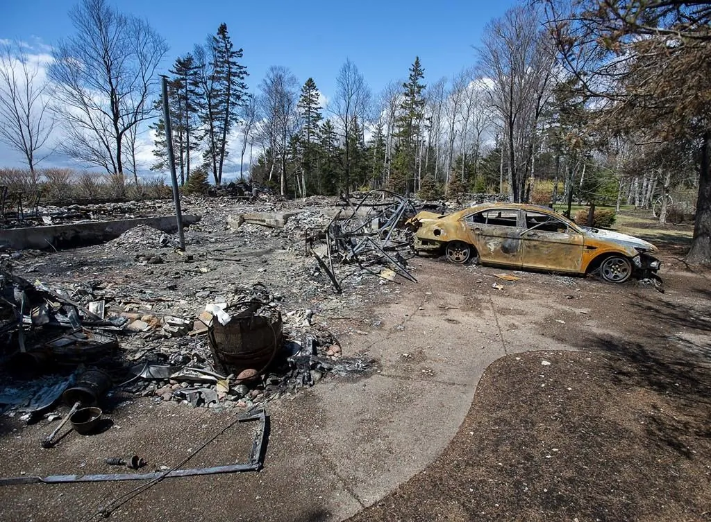 A fire-destroyed property registered to Gabriel Wortman at 200 Portapique Beach Road is seen in Portapique, N.S., on May 8, 2020. (The Canadian Press/Andrew Vaughan)