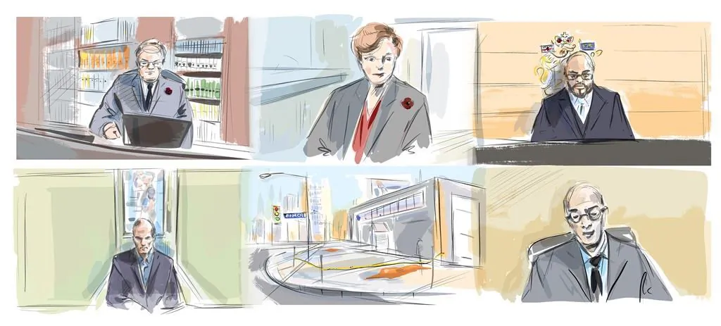 Defence lawyer Boris Bytensky, clockwise from top (L), Justice Anne Malloy, the court clerk, Crown attorney Joseph Callaghan, the scene of Yonge street attack and defendant Alek Minassian are shown during a murder trial conducted via Zoom videoconference, in this courtroom sketch, on Nov. 10, 2020. (The Canadian Press/Alexandra Newbould)