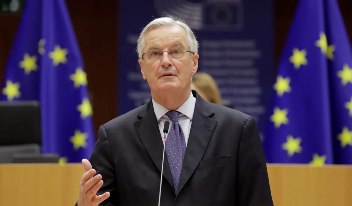 EU chief Brexit negotiator Michel Barnier addresses the European Parliament in Brussels, Belgium, on Dec. 18, 2020. (Olivier Hoslet/Pool via Reuters)