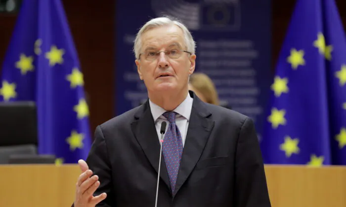 EU chief Brexit negotiator Michel Barnier addresses the European Parliament in Brussels, Belgium, on Dec. 18, 2020. (Olivier Hoslet/Pool via Reuters)