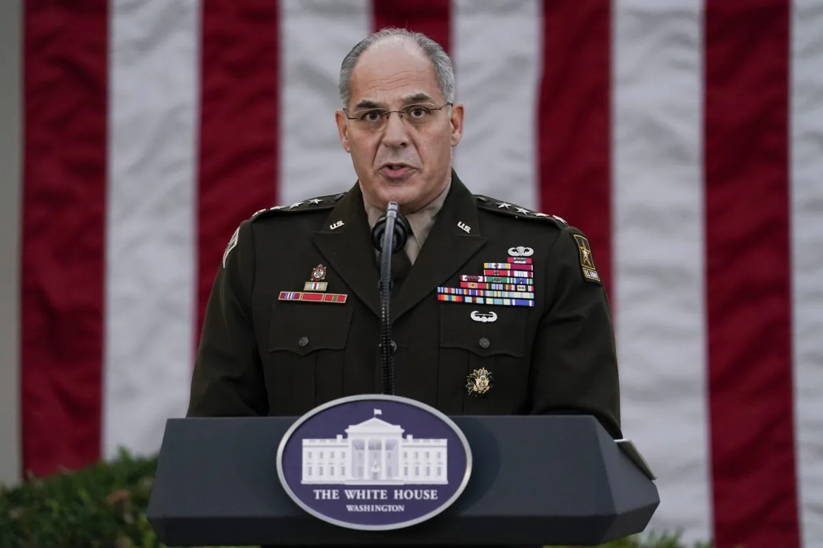 Army Gen. Gustave Perna, who is leading Operation Warp Speed, speaks during at an event in the Rose Garden of the White House in Washington in a Nov. 13, 2020, file photograph. (Evan Vucci/AP Photo)