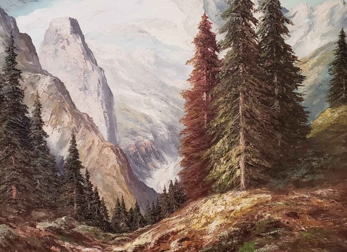 A detail from “The Mountain and the Valley,” circa 1970, although signed, by an unknown artist. Oil on Canvas, 48 inches by 36 inches. (Courtesy of Wayne Barnes)