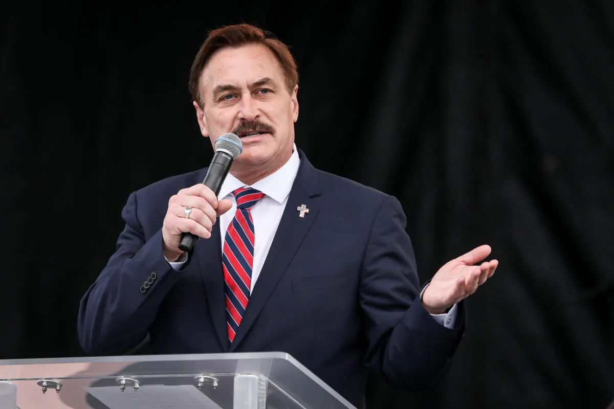 Mike Lindell, CEO of MyPillow, speaks at the “Let the Church ROAR” National Prayer Rally on the National Mall in Washington on Dec. 12, 2020. (Samira Bouaou/The Epoch Times)