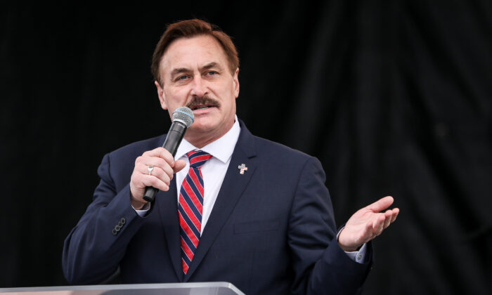 Mike Lindell, CEO of MyPillow, speaks at the “Let the Church ROAR” National Prayer Rally on the National Mall in Washington on Dec. 12, 2020. (Samira Bouaou/The Epoch Times)