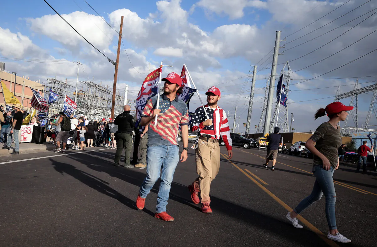Supporters of President Donald Trump are seen during a demonstration in front of the Maricopa County Elections Department office in Phoenix on Nov. 7, 2020. (Mario Tama/Getty Images)
