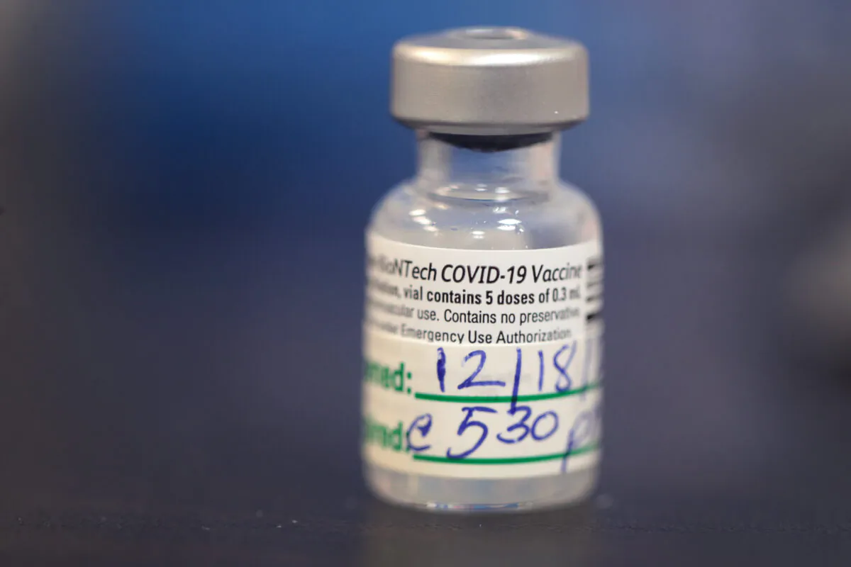 A container of 5 doses of COVID-19 vaccine sits on a table at Roseland Community Hospital in Chicago, Ill., on Dec. 18, 2020. (Scott Olson/Getty Images)