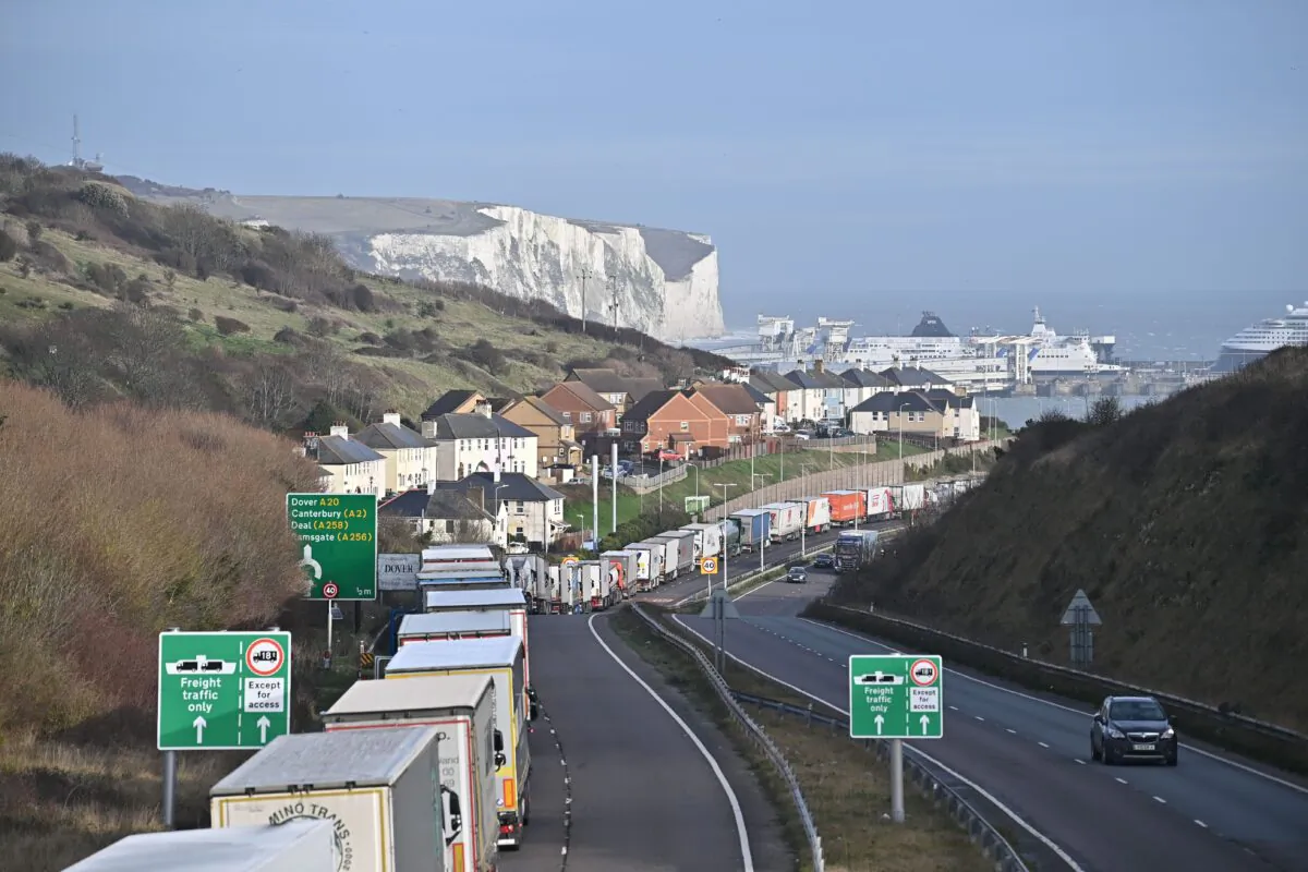 Freight lorries queue on the main route into the port of Dover on the south coast of England on Dec. 18, 2020. (Ben Stansall/AFP via Getty Images)