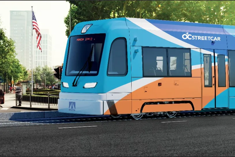 An artistic rendering of the OC Streetcar set to begin operations in 2022, with track under construction, in Orange County, Calif., starting in December, 2020. (Courtesy of the Orange County Transportation Authority)