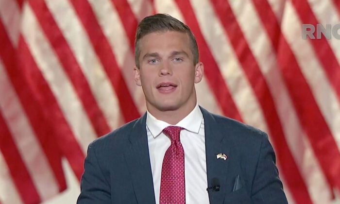 In this screenshot from the RNC’s livestream of the 2020 Republican National Convention, Rep.-elect Madison Cawthorn addresses the convention. (Courtesy of the Committee on Arrangements for the 2020 Republican National Committee via Getty Images)