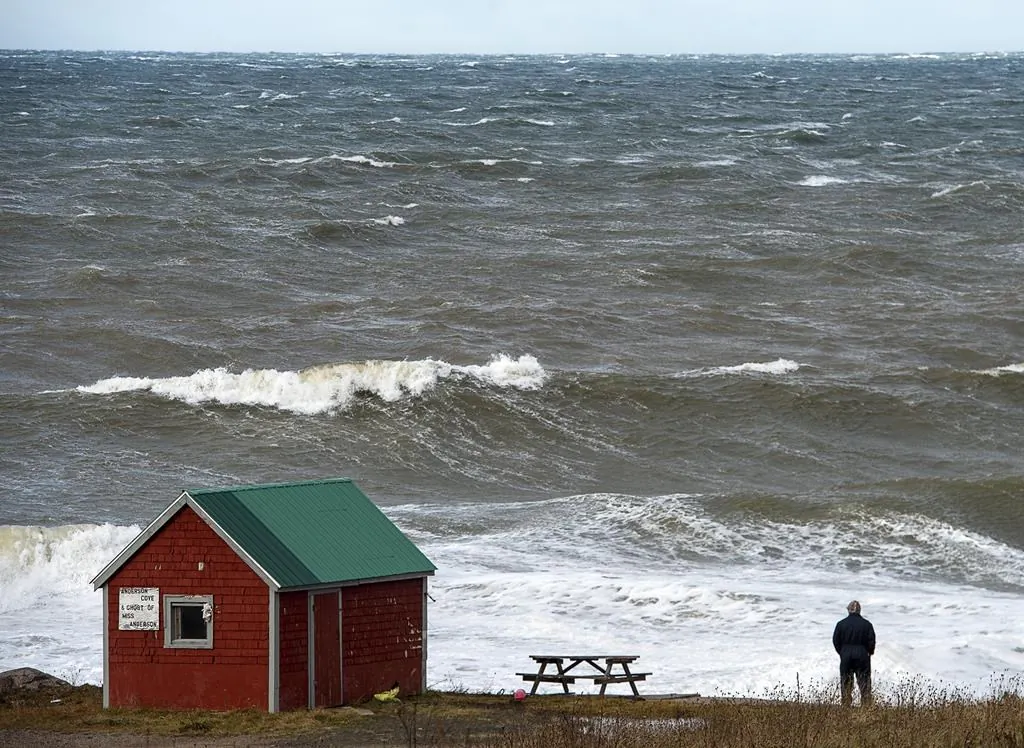 A man looks out onto the Bay of Fundy in Hillsburn, N.S. in an area where empty life-rafts from a scallop fishing vessel where reported on Dec. 15, 2020. (The Canadian Press/Andrew Vaughan)
