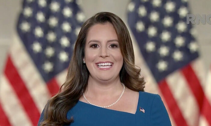 In this screenshot from the RNC’s livestream of the 2020 Republican National Convention, U.S. Rep. Elise Stefanik (R-N.Y.) addresses the virtual convention on Aug. 26, 2020.  (Courtesy of the Committee on Arrangements for the 2020 Republican National Committee via Getty Images)