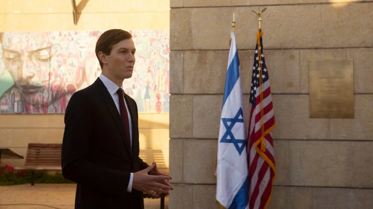 Then-White House senior adviser Jared Kushner speaks to journalists after U.S. Ambassador David Friedman unveiled a plaque at the U.S. embassy designating the Kushner Courtyard, in Jerusalem on Dec. 21, 2020. (Maya Alleruzzo/Pool/AP Photo)