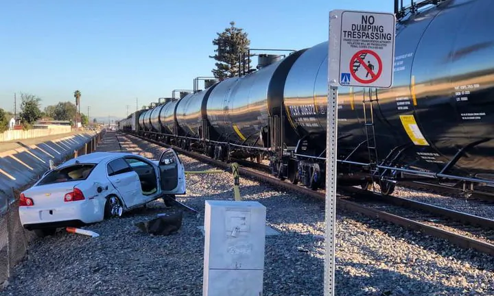 A man died after he crashed his car into a train in Santa Ana, Calif., on Dec. 21, 2020. (Courtesy of the Santa Ana Police Department)