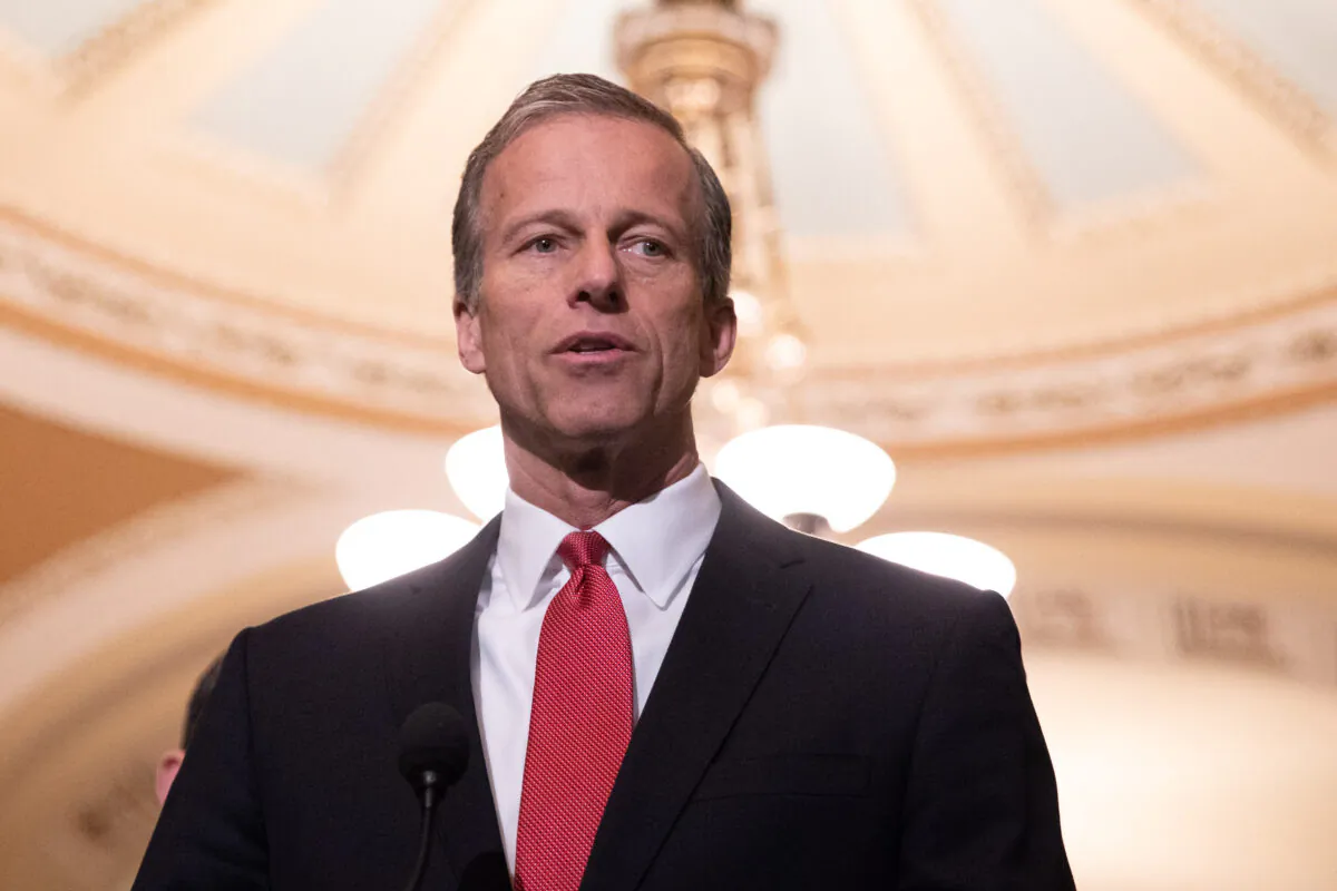 Sen. John Thune (R-S.D.) speaks to press after a Senate Republican policy lunch at the U.S. Capitol in Washington on May 15, 2018. (Samira Bouaou/The Epoch Times)
