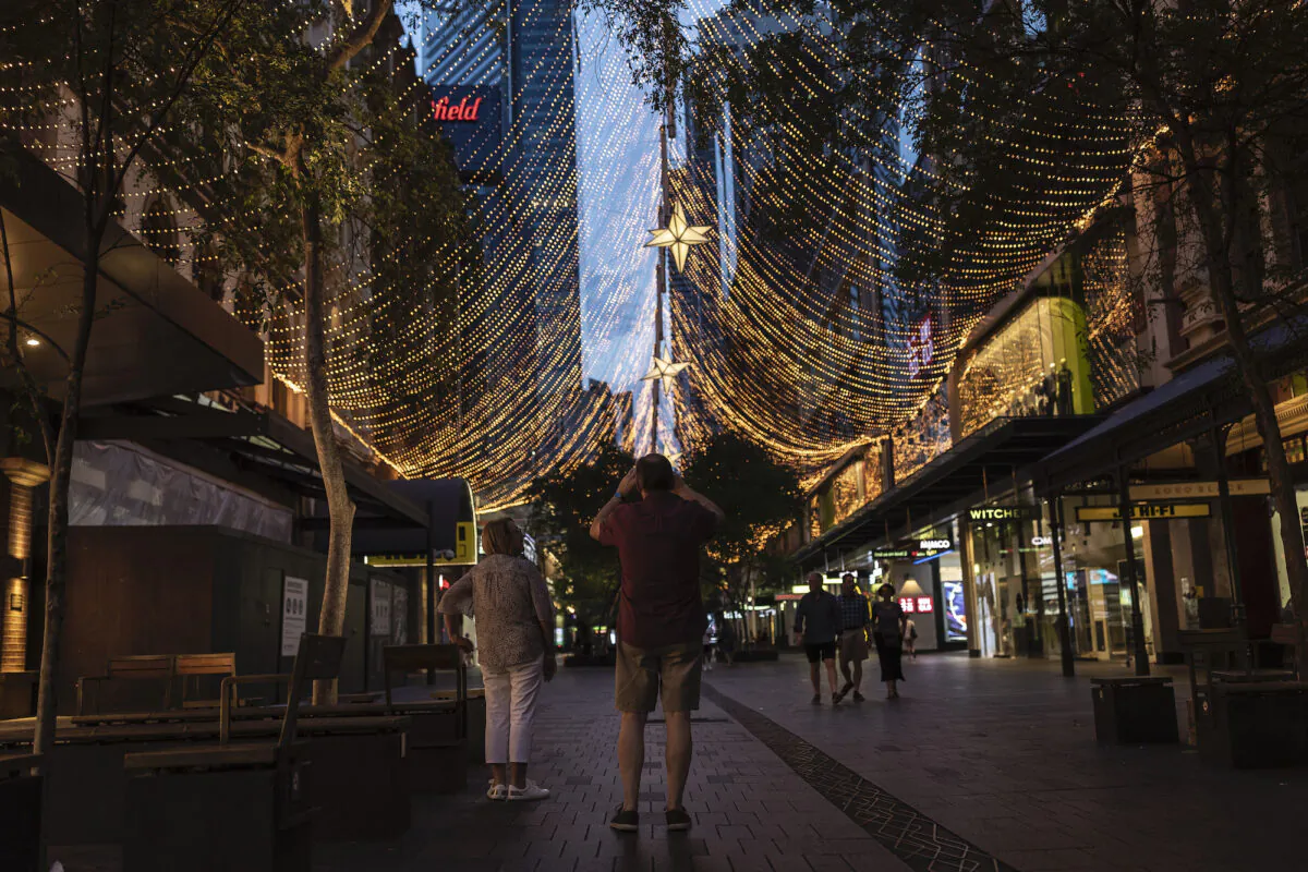 Christmas lights cover Pitt Street mall  in Sydney, Australia on Nov. 28, 2020. (Brook Mitchell/Getty Images)