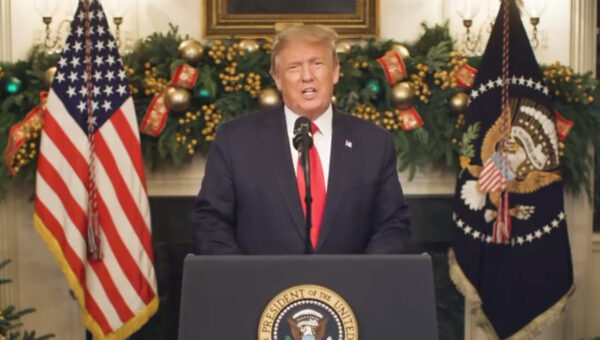 President Donald Trump in a video address calling for Americans to raise their voices to “demand that this injustice be immediately corrected”—referring to the November presidential election where there has been multiple allegations of fraud and irregularities across the nation—on Dec. 22, 2020. (White House video screenshot)
