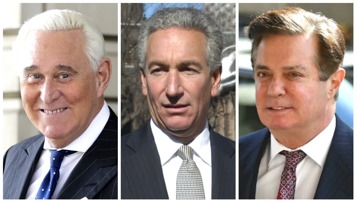 (Left) Roger Stone exits federal court Washington on Nov. 15, 2019. (Center) Charles B. Kushner arrives at the Newark Federal Court on March 4, 2005. (Right) Paul Manafort arrives for a hearing at U.S. District Court in Washington, on June 15, 2018. (Mandel Ngan/AFP via Getty Images and Marko Georgiev, Julio Cortez/AP Photo)