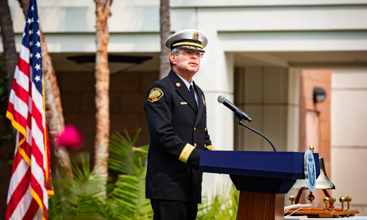 Orange County Fire Authority Chief Brian Fennessy speaks at The Nixon Library's annual commemorations in Southern California to honor the victims of the Sept. 11, 2001, terrorist attacks, on Sept. 11, 2020. (John Fredricks/The Epoch Times)