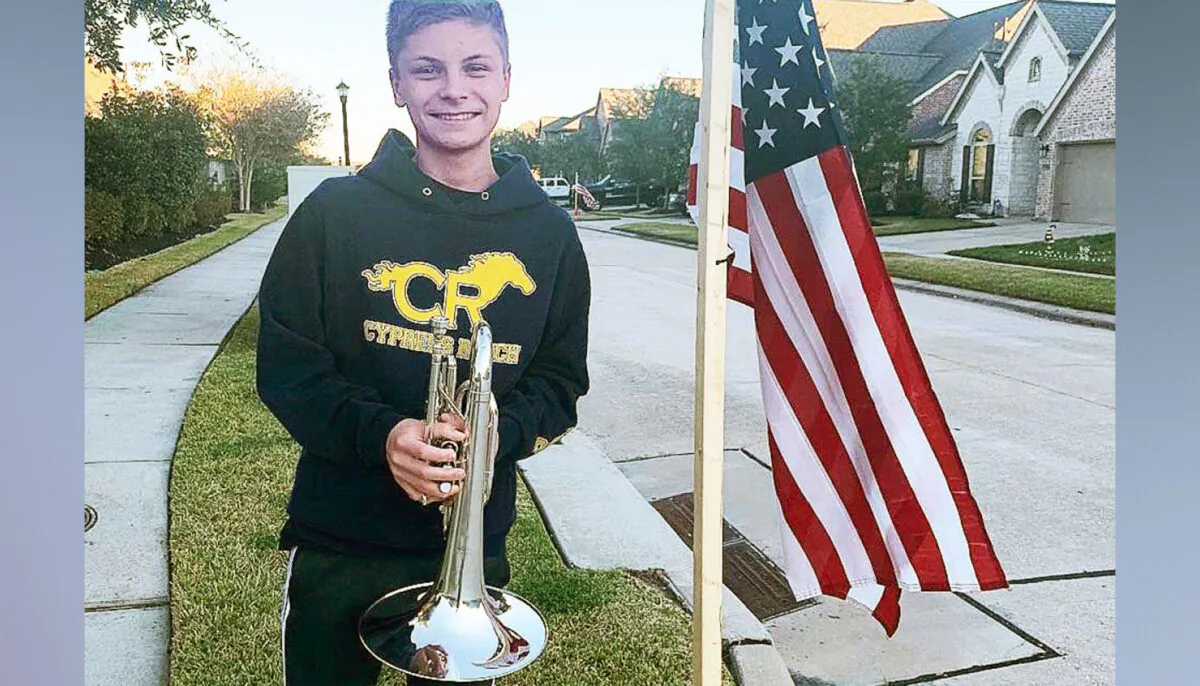 Ethan Martula, 15, a Cypress Ranch High School student who played the national anthem and patriotic hymns every night for two weeks to pay tribute to a fallen Marine neighbor (Courtesy of Monika Martula)