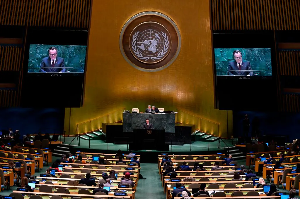 Canada's Ambassador and Permanent Representative to the United Nations Marc-Andre Blanchard speaks during General debate of the 74th session of the United Nations General Assembly at the United Nations Headquarters in New York City on Sept. 30, 2019. (Johannes Eisele/AFP via Getty Images)