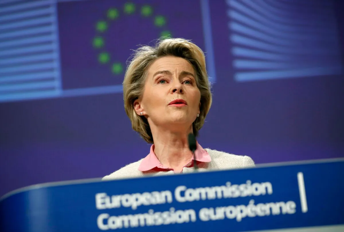 European Commission President Ursula von der Leyen addresses a media conference on Brexit negotiations at the EU headquarters in Brussels, on Dec. 24, 2020. (Francisco Seco/Pool/AFP via Getty Images)