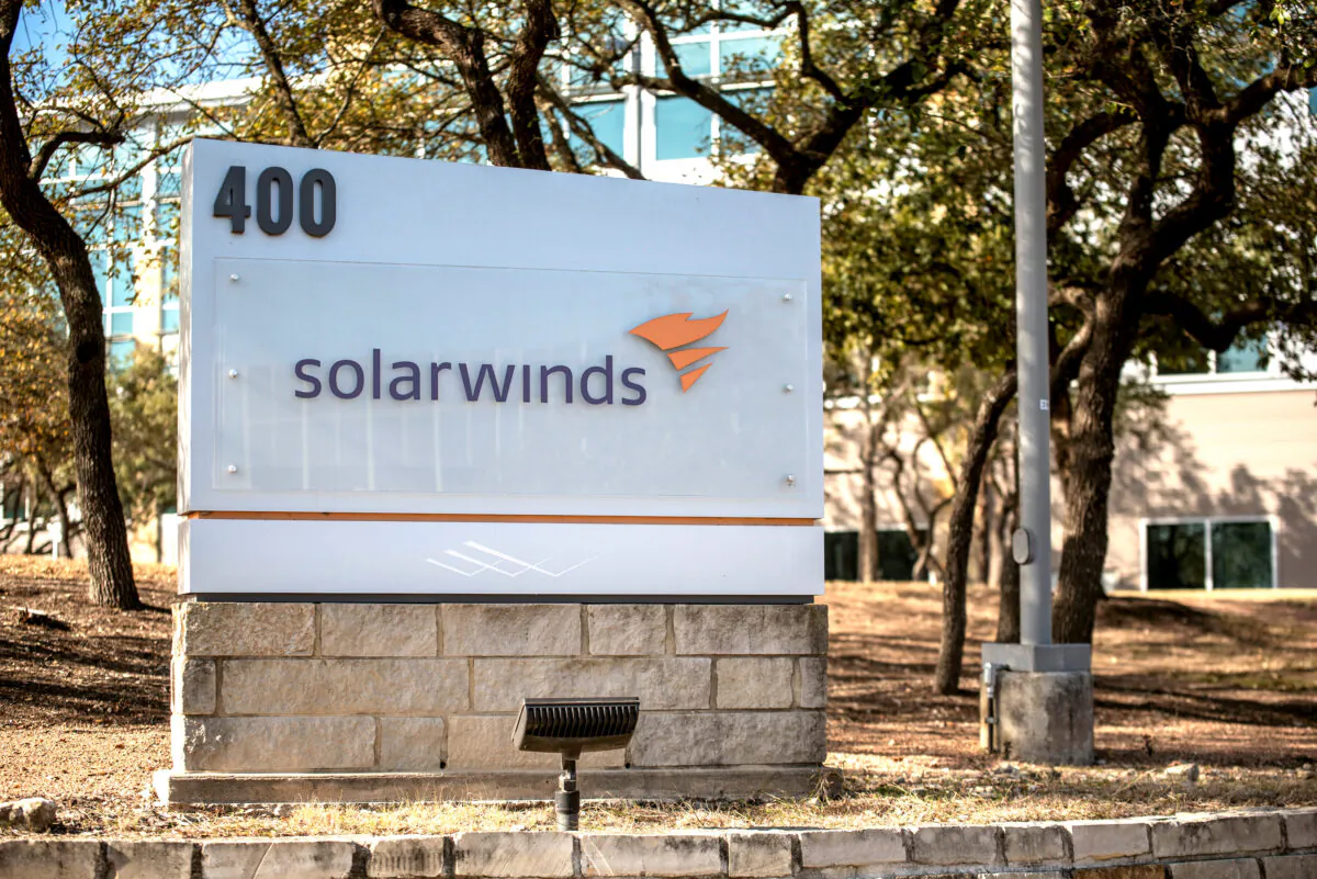 A SolarWinds sign is seen outside its headquarters in Austin, Texas, on Dec. 18, 2020. (Sergio Flores/Reuters)