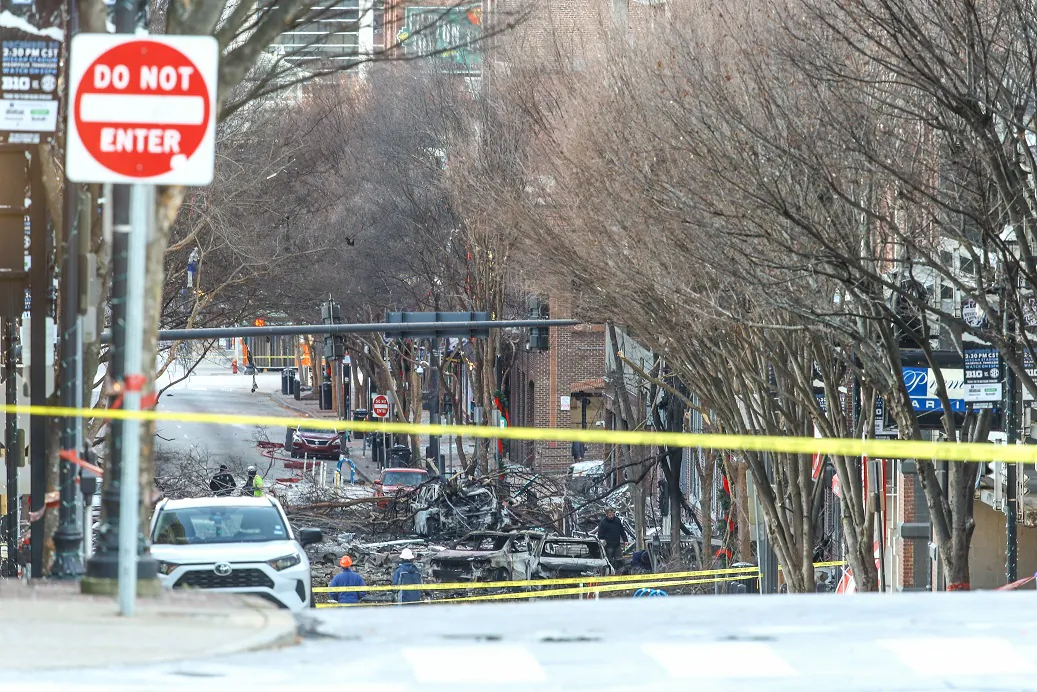 Police close off an area damaged by an explosion on Christmas morning in Nashville, Tenn. on Dec. 25, 2020. (Terry Wyatt/Getty Images)
