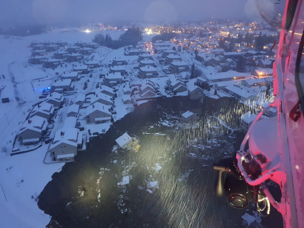 A rescue helicopter view shows the aftermath of a landslide at a residential area in Ask village, about 40km north of Oslo, Norway on Dec. 30, 2020.(Norwegian Rescue Service/NTB/via Reuters)
