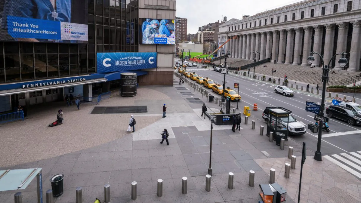 The entrance to Penn Station, Madison Square Garden and the James A. Foley building stand above 8th Avenue in the Manhattan, N.Y., on May 5, 2020. (Lucas Jackson/Reuters)