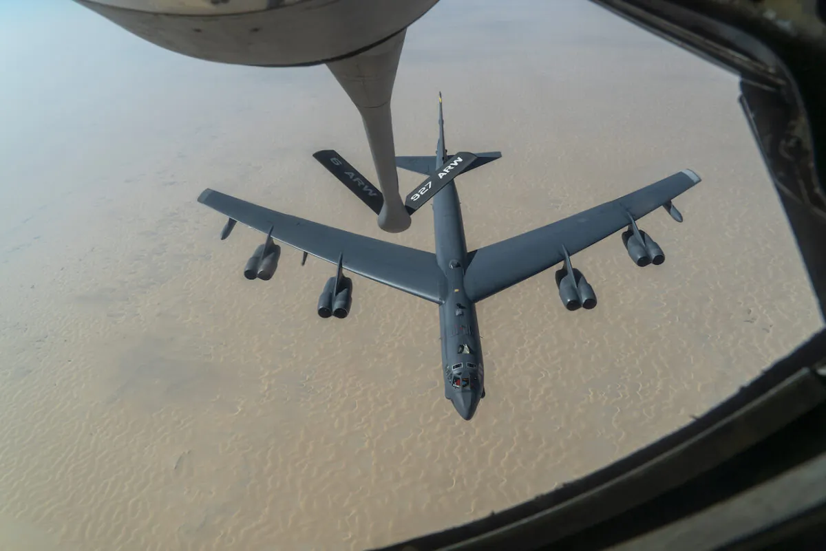 A U.S. Air Force B-52 from Barksdale Air Force Base departs after aerial refueling from a KC-135 Stratotanker in the U.S. Central Command area of responsibility on Dec. 30, 2020. (U.S. Air Force/Senior Airman Roslyn Ward)