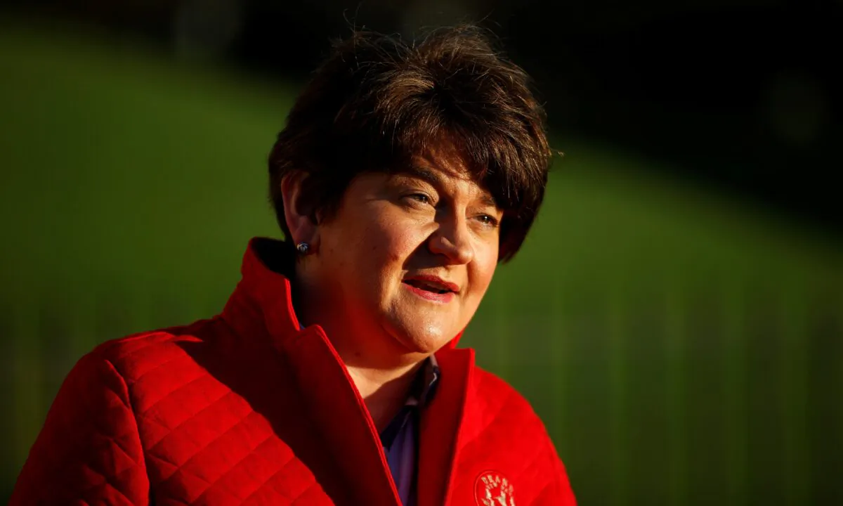 Northern Ireland's First Minister Arlene Foster talks during a television interview outside the Stormont Parliament building in Belfast, Northern Ireland, on Dec. 30, 2020. (Phil Noble/Reuters)