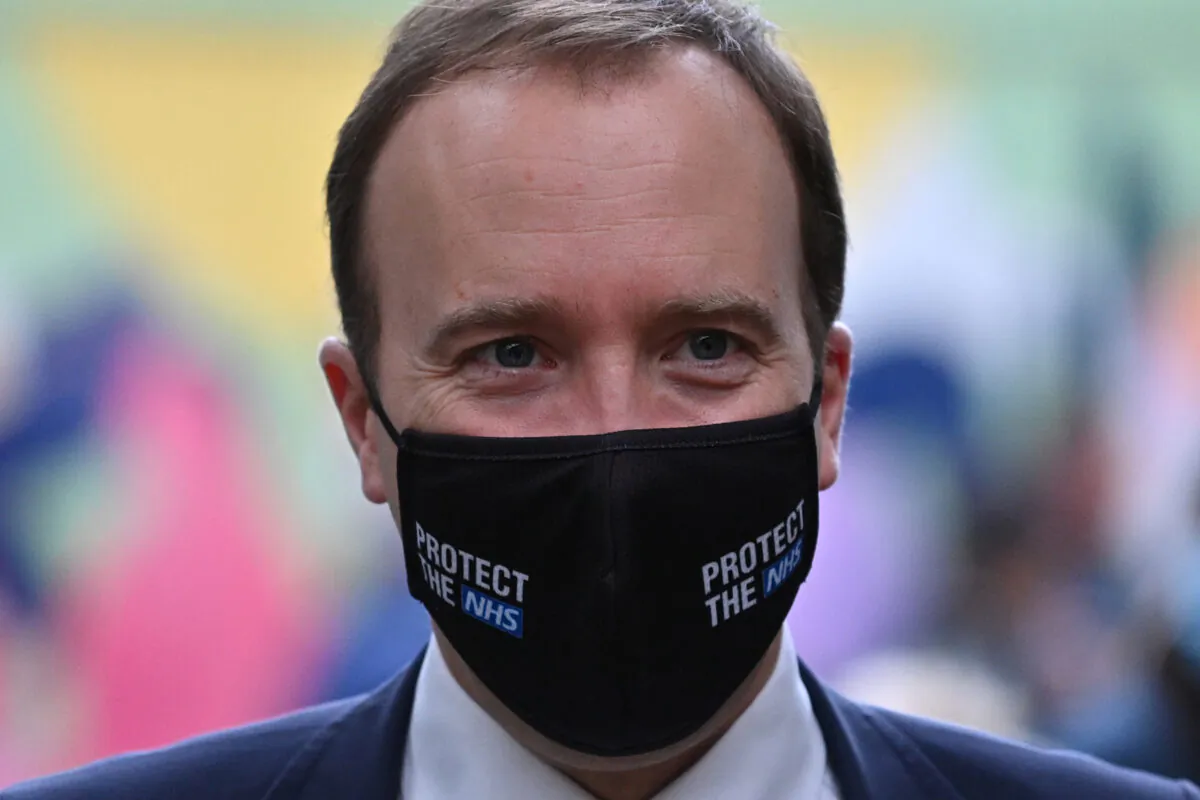 Britain's Health Secretary Matt Hancock is shown wearing a mask in London on Oct. 27, 2020. (Justin Tallis - WPA Pool/Getty Images)