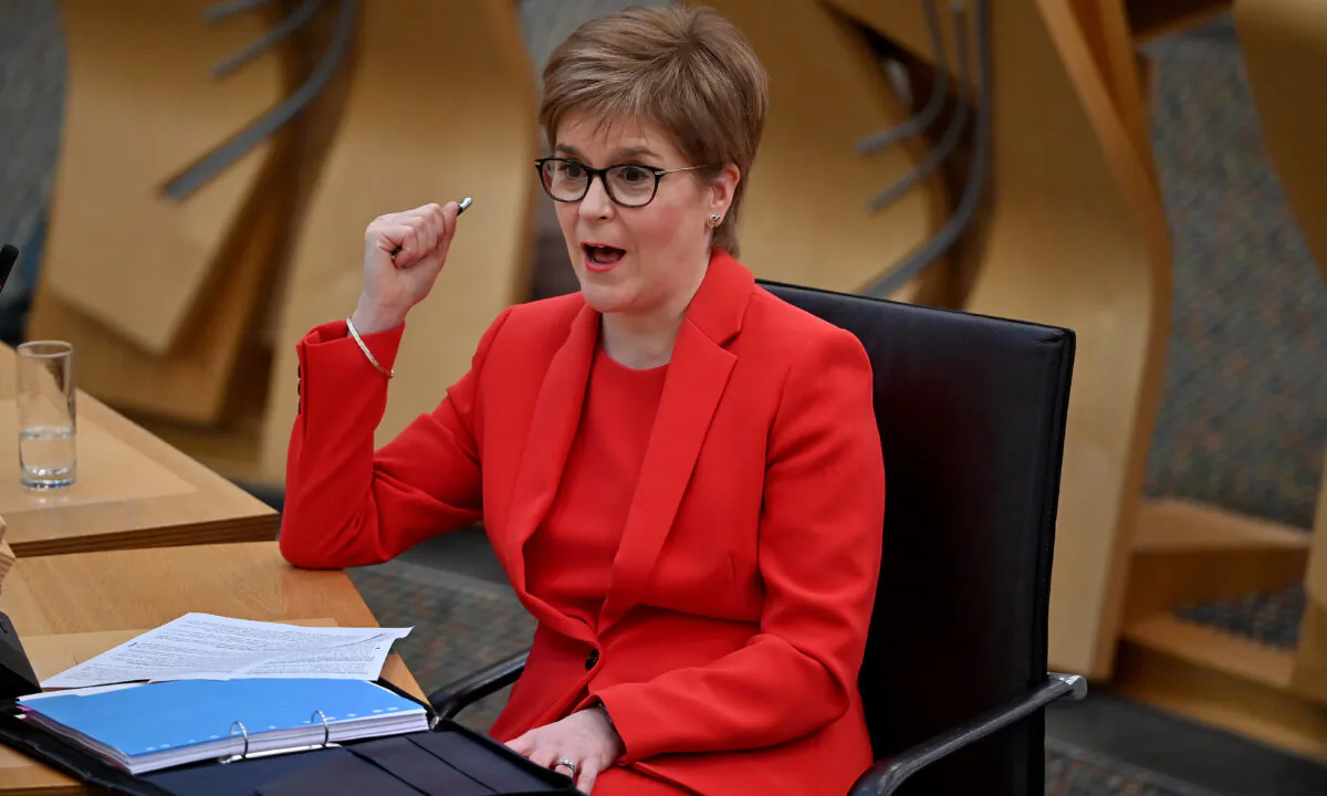 First Minister Nicola Sturgeon attends a debate at the Scottish Parliament on the trade and co-operation agreement between the UK and the EU, in Edinburgh, Scotland, on Dec. 30, 2020.  (Jeff J Mitchell/Getty Images)