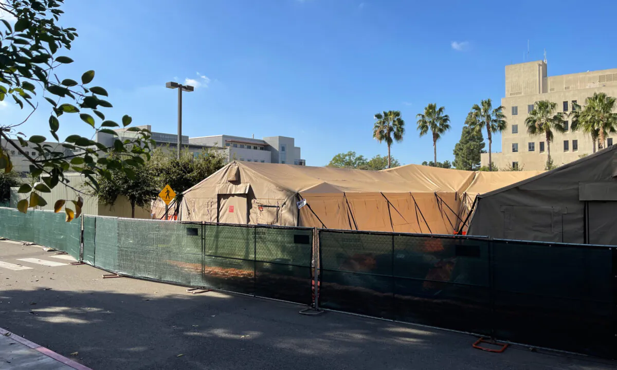 A mobile field hospital set up outside the University of California–Irvine Medical Center in Orange, Calif., on Dec. 31, 2020. (Drew Van Voorhis/The Epoch Times)