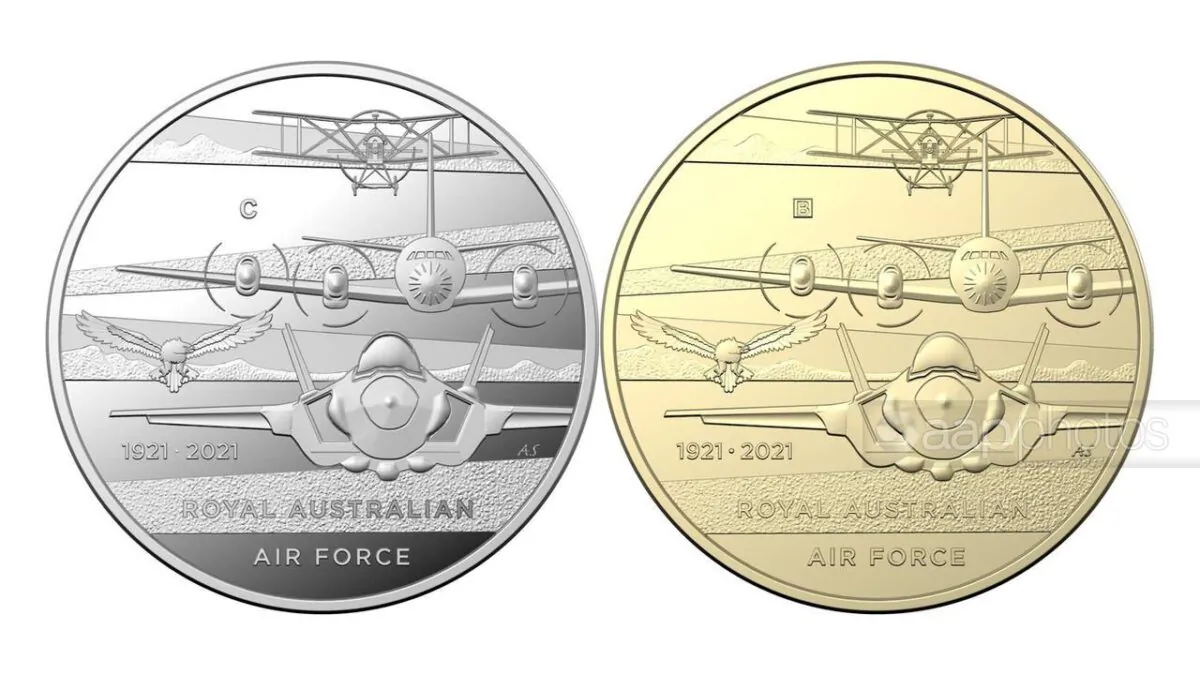 Australia's first coin for 2021 will carry an image of three different generations of RAAF aircraft. (AAP)