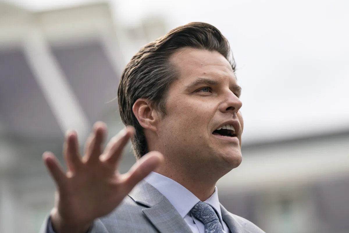 Rep. Matt Gaetz (R-Fla.) speaks to reporters in Washington on April 21, 2020. (Drew Angerer/Getty Images)