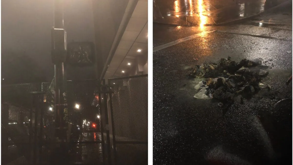 This collage of pictures shows a crosswalk sign near the Multnomah County Justice Center destroyed by fire (L) and a fire doused on Southwest Main Street during a riot in Portland, Oregon, on Dec. 31, 2020. (Portland Police Bureau)