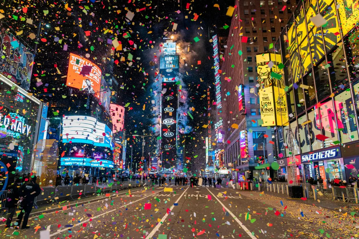 The ball drops to ring in the new year in a mostly empty Times Square in New York City on Jan. 1, 2021. (Corey Sipkin/AFP via Getty Images)