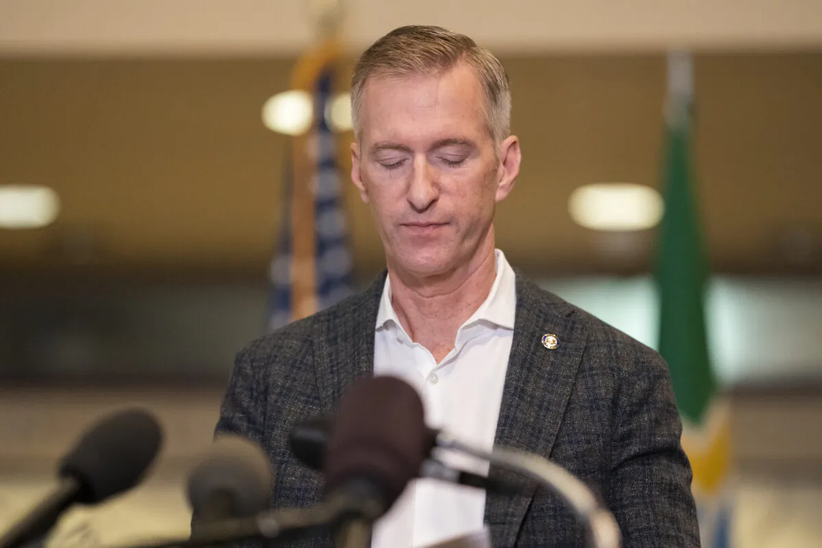 Portland Mayor Ted Wheeler speaks to the media at City Hall in Portland, Ore., on Aug. 30, 2020. (Nathan Howard/Getty Images)