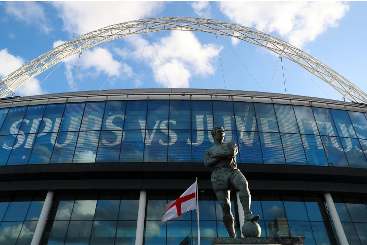 Bobby Moore statue is seen outside the stadium prior to the UEFA Champions League Round of 16 Second Leg match between Tottenham Hotspur and Juventus at Wembley Stadium, in London, on March 7, 2018. (Catherine Ivill/Getty Images)
