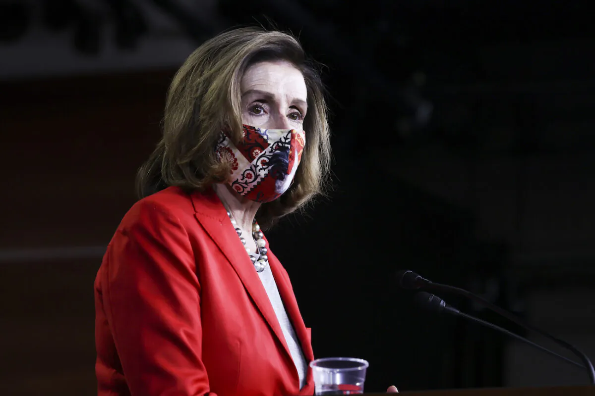 House Speaker Nancy Pelosi (D-Calif.) speaks at her weekly news conference on Capitol Hill in Washington,
on Dec. 30, 2020. (Tasos Katopodis/Getty Images)
